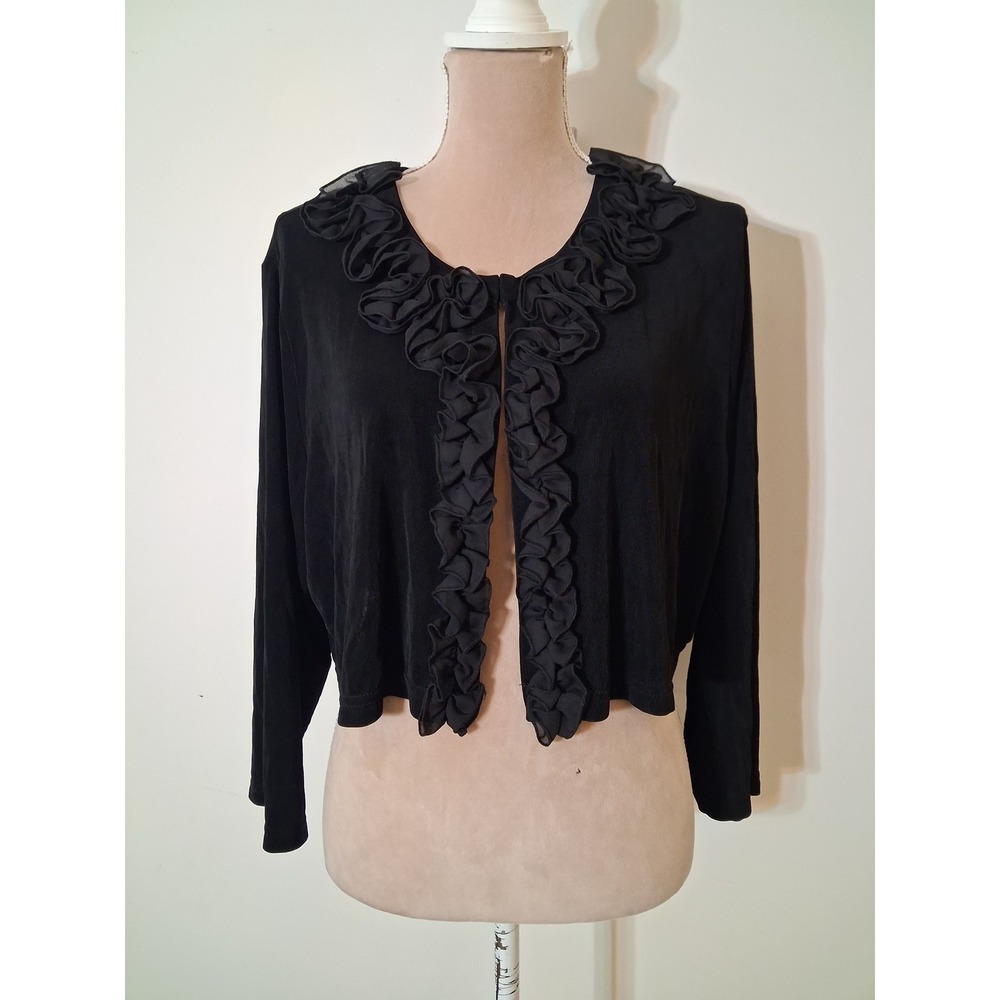 Slinky Brand Black Ruffle Trim Cropped Bolero Shrug Cardigan 2X Modest Stretch